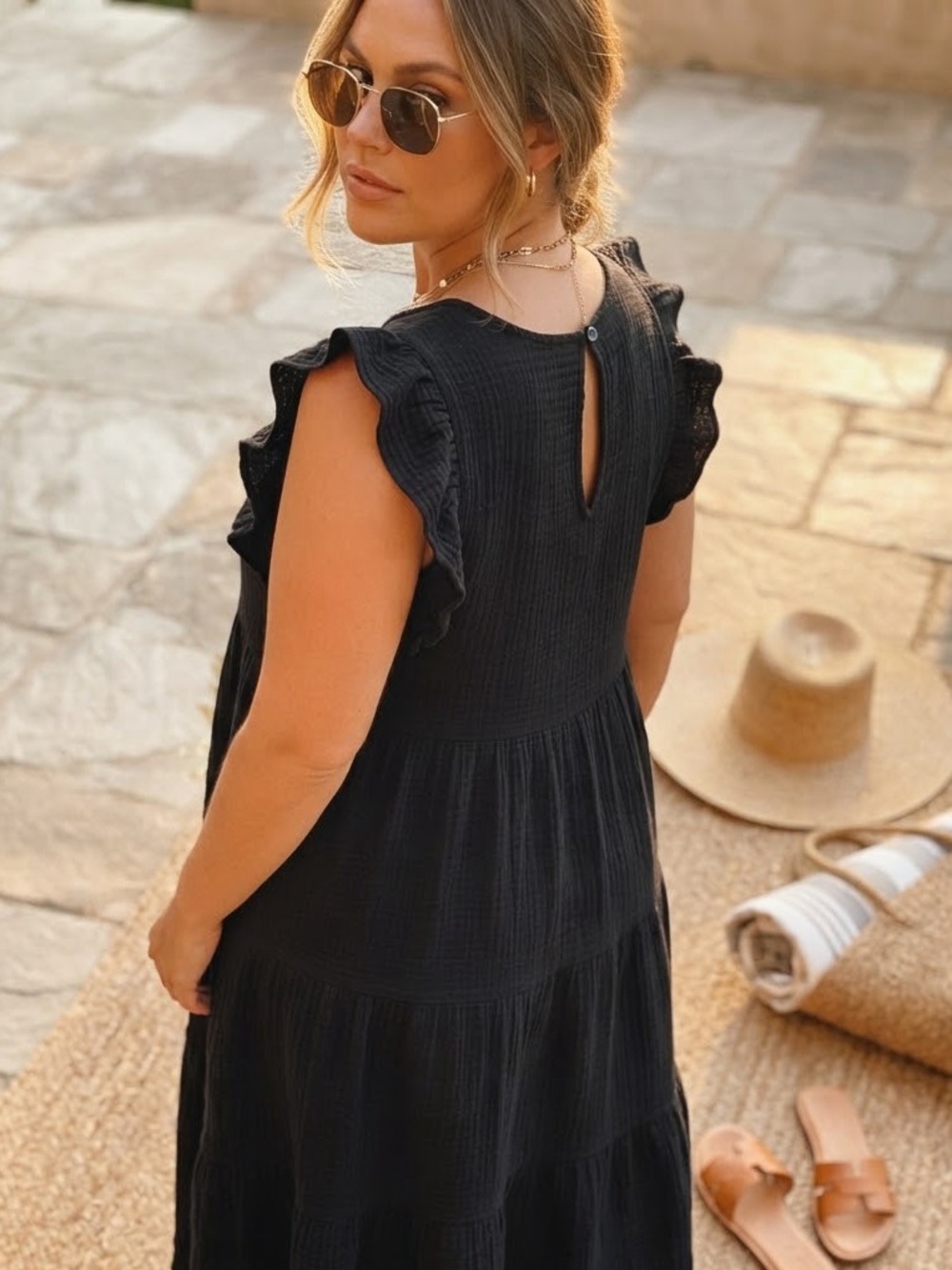 Universal Thread Black Tiered Ruffle Sleeve Maxi Dress Size Medium - Picture 2 of 16